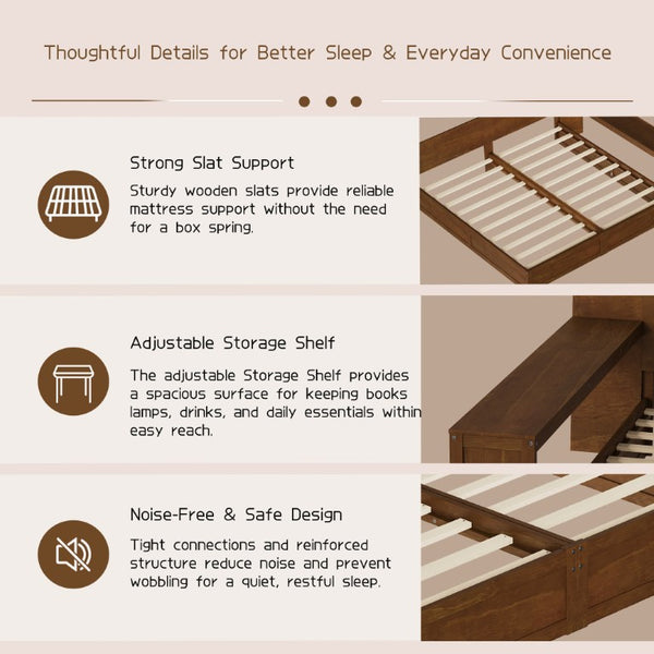 English Elm Twin Platform Bed Set with Adjustable Shared Desk Walnut Rubberwood Kids Room N733S428694L