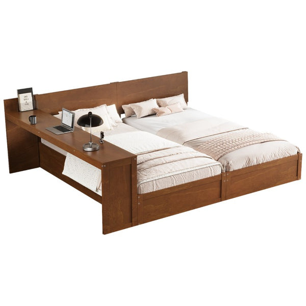 English Elm Twin Platform Bed Set with Adjustable Shared Desk Walnut Rubberwood Kids Room N733S428694L