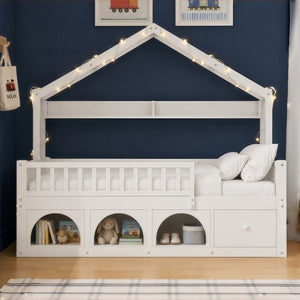 English Elm Twin Montessori House Bed Pine Wood Frame with LED Lights Guardrails and Storage Cubby White N733S435689K