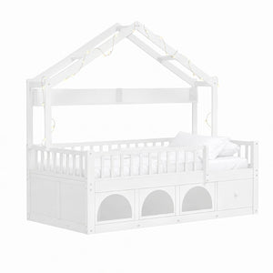 English Elm Twin Montessori House Bed Pine Wood Frame with LED Lights Guardrails and Storage Cubby White N733S435689K
