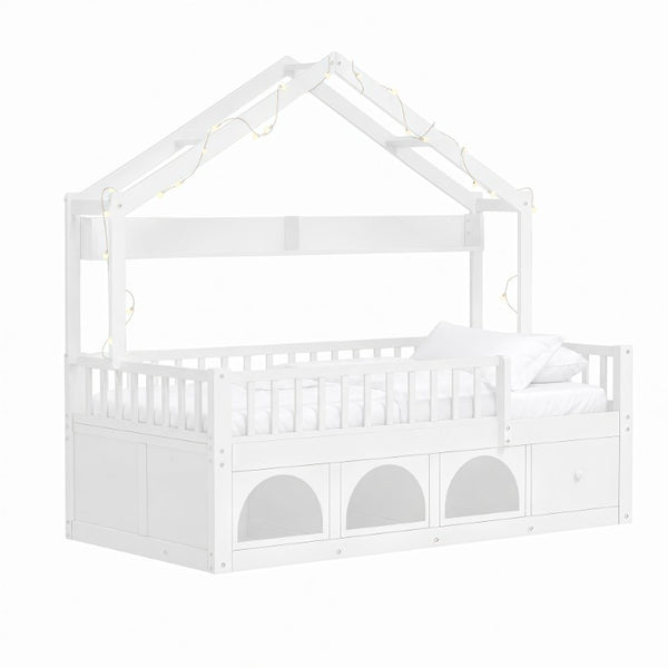 English Elm Twin Montessori House Bed Pine Wood Frame with LED Lights Guardrails and Storage Cubby White N733S435689K