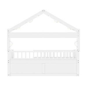 English Elm Twin Montessori House Bed Pine Wood Frame with LED Lights Guardrails and Storage Cubby White N733S435689K