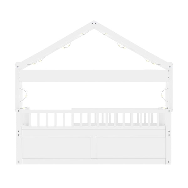 English Elm Twin Montessori House Bed Pine Wood Frame with LED Lights Guardrails and Storage Cubby White N733S435689K