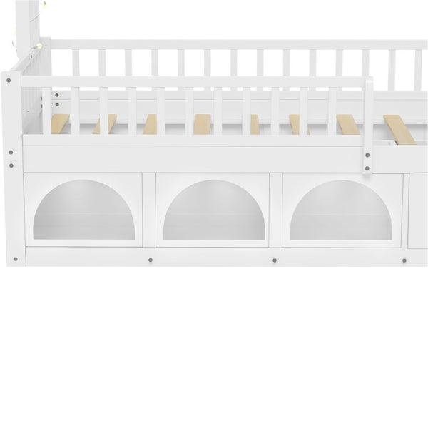 English Elm Twin Montessori House Bed Pine Wood Frame with LED Lights Guardrails and Storage Cubby White N733S435689K