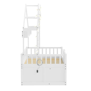 English Elm Twin Montessori House Bed Pine Wood Frame with LED Lights Guardrails and Storage Cubby White N733S435689K