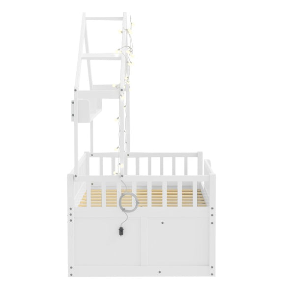 English Elm Twin Montessori House Bed Pine Wood Frame with LED Lights Guardrails and Storage Cubby White N733S435689K