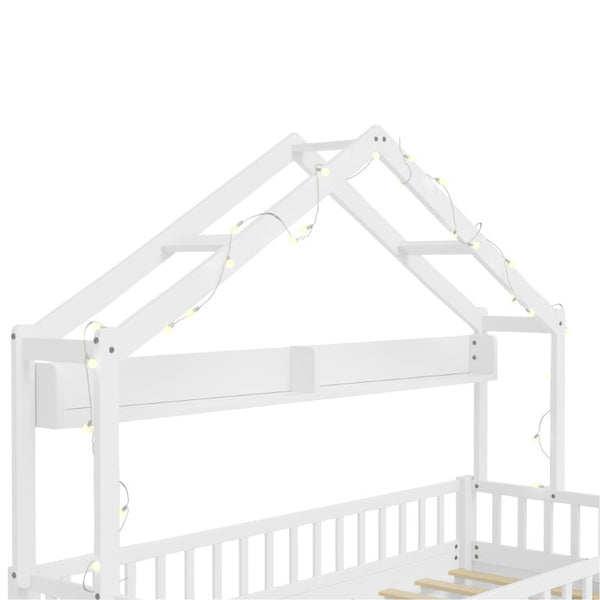 English Elm Twin Montessori House Bed Pine Wood Frame with LED Lights Guardrails and Storage Cubby White N733S435689K