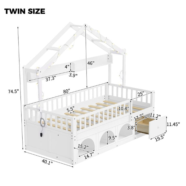 English Elm Twin Montessori House Bed Pine Wood Frame with LED Lights Guardrails and Storage Cubby White N733S435689K