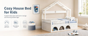 English Elm Twin Montessori House Bed Pine Wood Frame with LED Lights Guardrails and Storage Cubby White N733S435689K