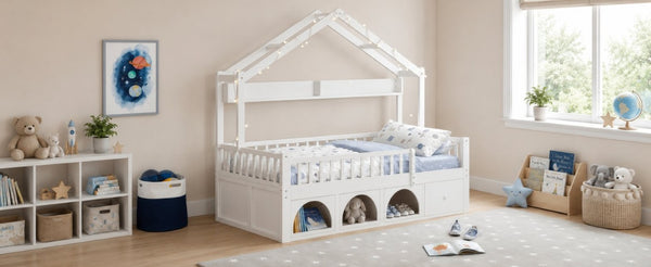 English Elm Twin Montessori House Bed Pine Wood Frame with LED Lights Guardrails and Storage Cubby White N733S435689K