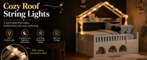 English Elm Twin Montessori House Bed Pine Wood Frame with LED Lights Guardrails and Storage Cubby White N733S435689K