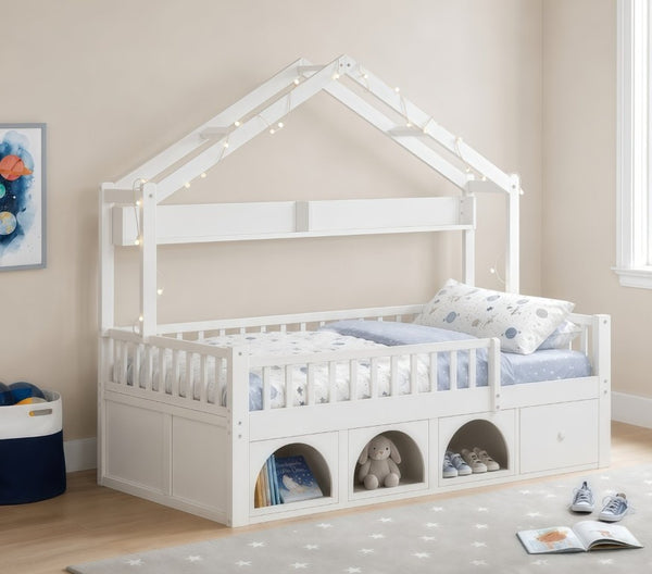 English Elm Twin Montessori House Bed Pine Wood Frame with LED Lights Guardrails and Storage Cubby White N733S435689K
