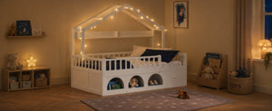 English Elm Twin Montessori House Bed Pine Wood Frame with LED Lights Guardrails and Storage Cubby White N733S435689K