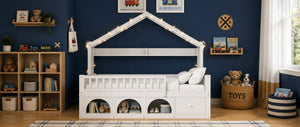 English Elm Twin Montessori House Bed Pine Wood Frame with LED Lights Guardrails and Storage Cubby White N733S435689K