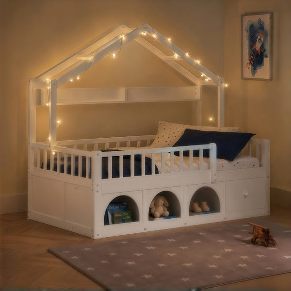 English Elm Twin Montessori House Bed Pine Wood Frame with LED Lights Guardrails and Storage Cubby White N733S435689K