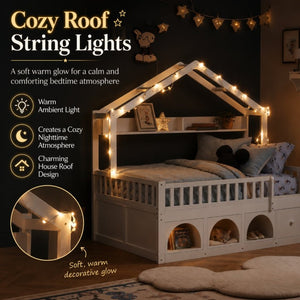 English Elm Twin Montessori House Bed Pine Wood Frame with LED Lights Guardrails and Storage Cubby White N733S435689K