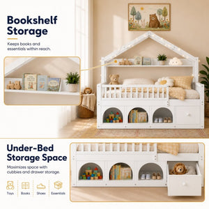 English Elm Twin Montessori House Bed Pine Wood Frame with LED Lights Guardrails and Storage Cubby White N733S435689K