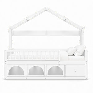English Elm Twin Montessori House Bed Pine Wood Frame with LED Lights Guardrails and Storage Cubby White N733S435689K