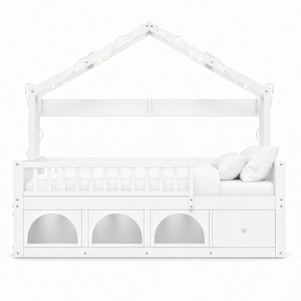 English Elm Twin Montessori House Bed Pine Wood Frame with LED Lights Guardrails and Storage Cubby White N733S435689K