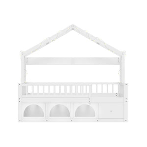 English Elm Twin Montessori House Bed Pine Wood Frame with LED Lights Guardrails and Storage Cubby White N733S435689K