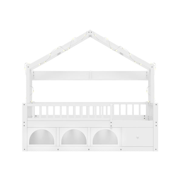 English Elm Twin Montessori House Bed Pine Wood Frame with LED Lights Guardrails and Storage Cubby White N733S435689K