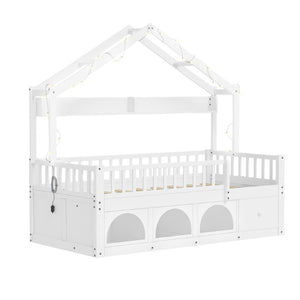 English Elm Twin Montessori House Bed Pine Wood Frame with LED Lights Guardrails and Storage Cubby White N733S435689K