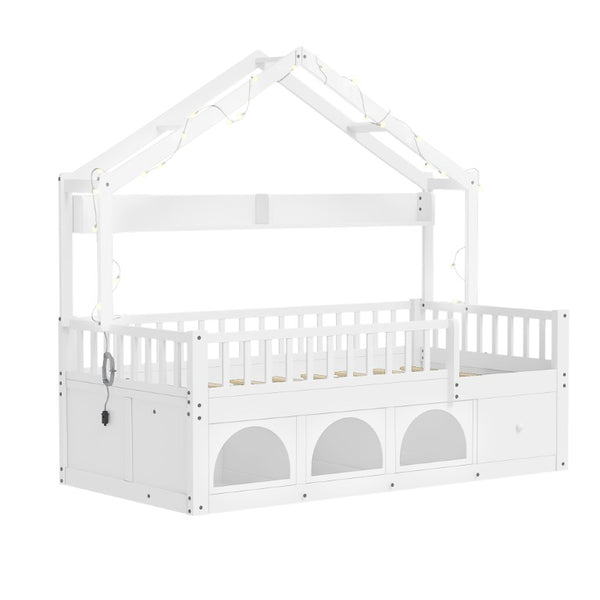 English Elm Twin Montessori House Bed Pine Wood Frame with LED Lights Guardrails and Storage Cubby White N733S435689K