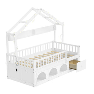 English Elm Twin Montessori House Bed Pine Wood Frame with LED Lights Guardrails and Storage Cubby White N733S435689K