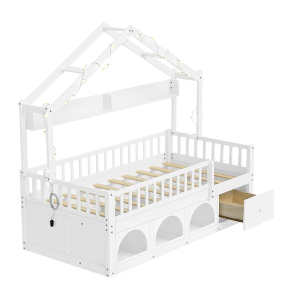 English Elm Twin Montessori House Bed Pine Wood Frame with LED Lights Guardrails and Storage Cubby White N733S435689K