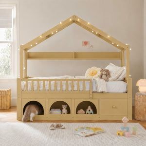 English Elm Twin Montessori House Bed Pine Wood Frame with LED Lights Guardrails and Storage Cubby Natural N733S435689N