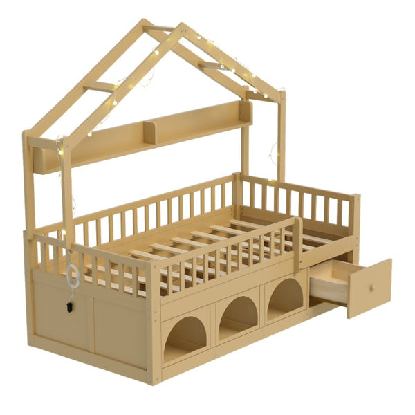 English Elm Twin Montessori House Bed Pine Wood Frame with LED Lights Guardrails and Storage Cubby Natural N733S435689N