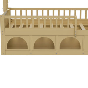English Elm Twin Montessori House Bed Pine Wood Frame with LED Lights Guardrails and Storage Cubby Natural N733S435689N
