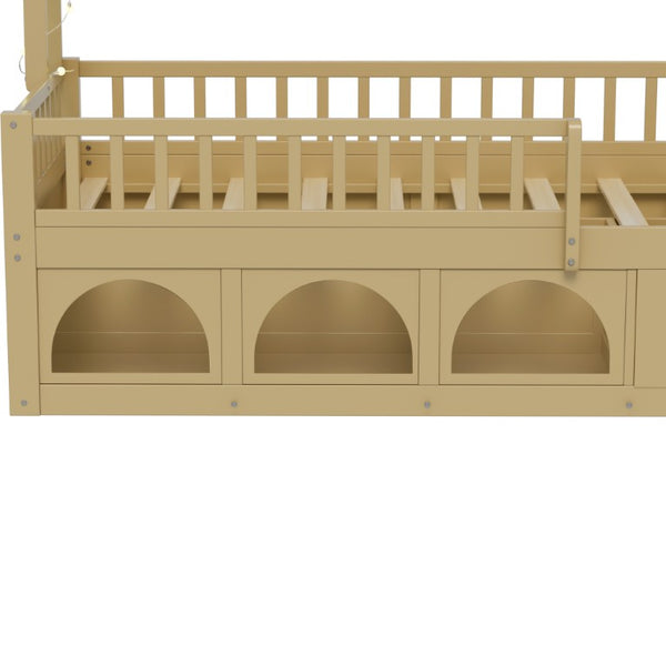 English Elm Twin Montessori House Bed Pine Wood Frame with LED Lights Guardrails and Storage Cubby Natural N733S435689N