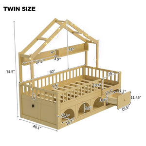 English Elm Twin Montessori House Bed Pine Wood Frame with LED Lights Guardrails and Storage Cubby Natural N733S435689N