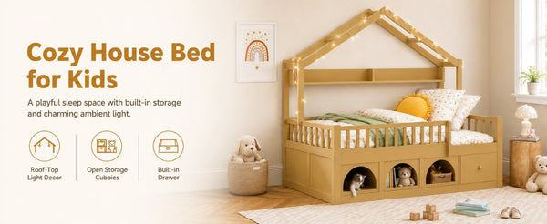 English Elm Twin Montessori House Bed Pine Wood Frame with LED Lights Guardrails and Storage Cubby Natural N733S435689N