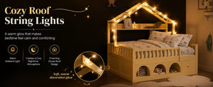English Elm Twin Montessori House Bed Pine Wood Frame with LED Lights Guardrails and Storage Cubby Natural N733S435689N