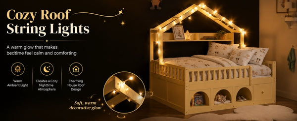 English Elm Twin Montessori House Bed Pine Wood Frame with LED Lights Guardrails and Storage Cubby Natural N733S435689N