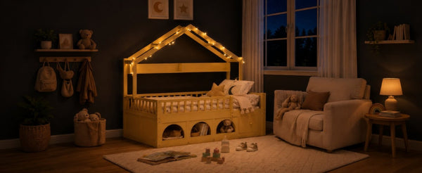 English Elm Twin Montessori House Bed Pine Wood Frame with LED Lights Guardrails and Storage Cubby Natural N733S435689N