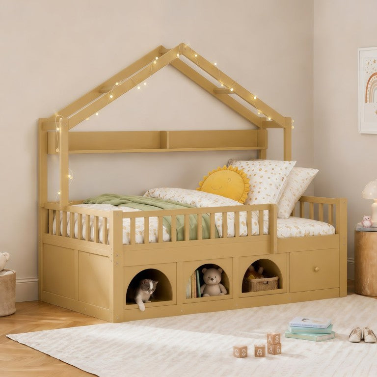 English Elm Twin Montessori House Bed Pine Wood Frame with LED Lights Guardrails and Storage Cubby Natural N733S435689N