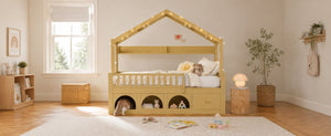 English Elm Twin Montessori House Bed Pine Wood Frame with LED Lights Guardrails and Storage Cubby Natural N733S435689N