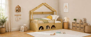 English Elm Twin Montessori House Bed Pine Wood Frame with LED Lights Guardrails and Storage Cubby Natural N733S435689N