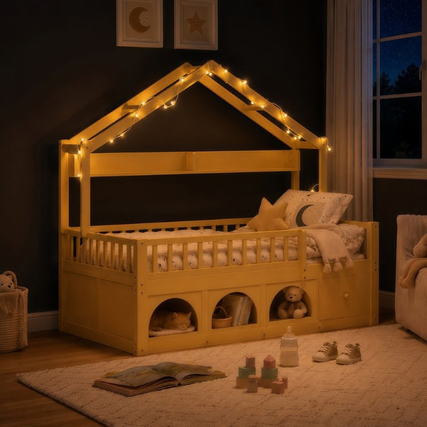 English Elm Twin Montessori House Bed Pine Wood Frame with LED Lights Guardrails and Storage Cubby Natural N733S435689N