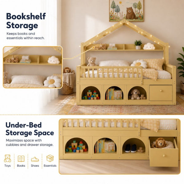English Elm Twin Montessori House Bed Pine Wood Frame with LED Lights Guardrails and Storage Cubby Natural N733S435689N