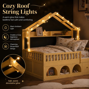 English Elm Twin Montessori House Bed Pine Wood Frame with LED Lights Guardrails and Storage Cubby Natural N733S435689N