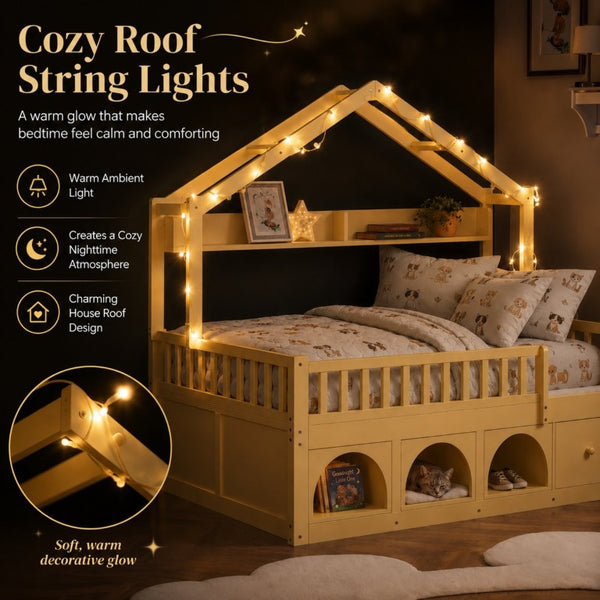 English Elm Twin Montessori House Bed Pine Wood Frame with LED Lights Guardrails and Storage Cubby Natural N733S435689N