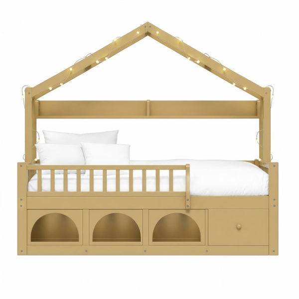 English Elm Twin Montessori House Bed Pine Wood Frame with LED Lights Guardrails and Storage Cubby Natural N733S435689N