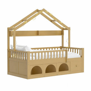 English Elm Twin Montessori House Bed Pine Wood Frame with LED Lights Guardrails and Storage Cubby Natural N733S435689N