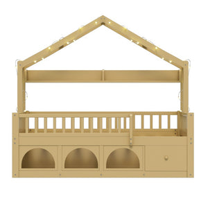 English Elm Twin Montessori House Bed Pine Wood Frame with LED Lights Guardrails and Storage Cubby Natural N733S435689N