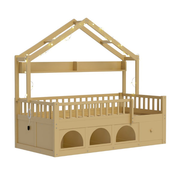 English Elm Twin Montessori House Bed Pine Wood Frame with LED Lights Guardrails and Storage Cubby Natural N733S435689N