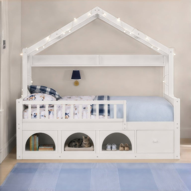 English Elm Full Montessori House Bed Pine Wood Frame with LED Lights Guardrails and Storage Cubbies White N733S435692K